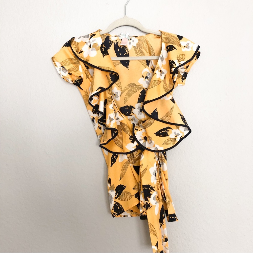 Yellow Satin Wrap Style Blouse